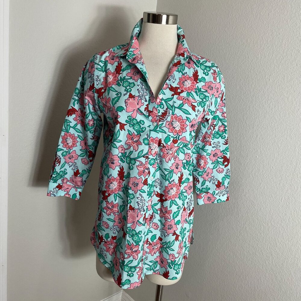 Lands End Womens 6 No Iron Supima Cotton Shirt Floral 3/4 Sleeve Blouse Top